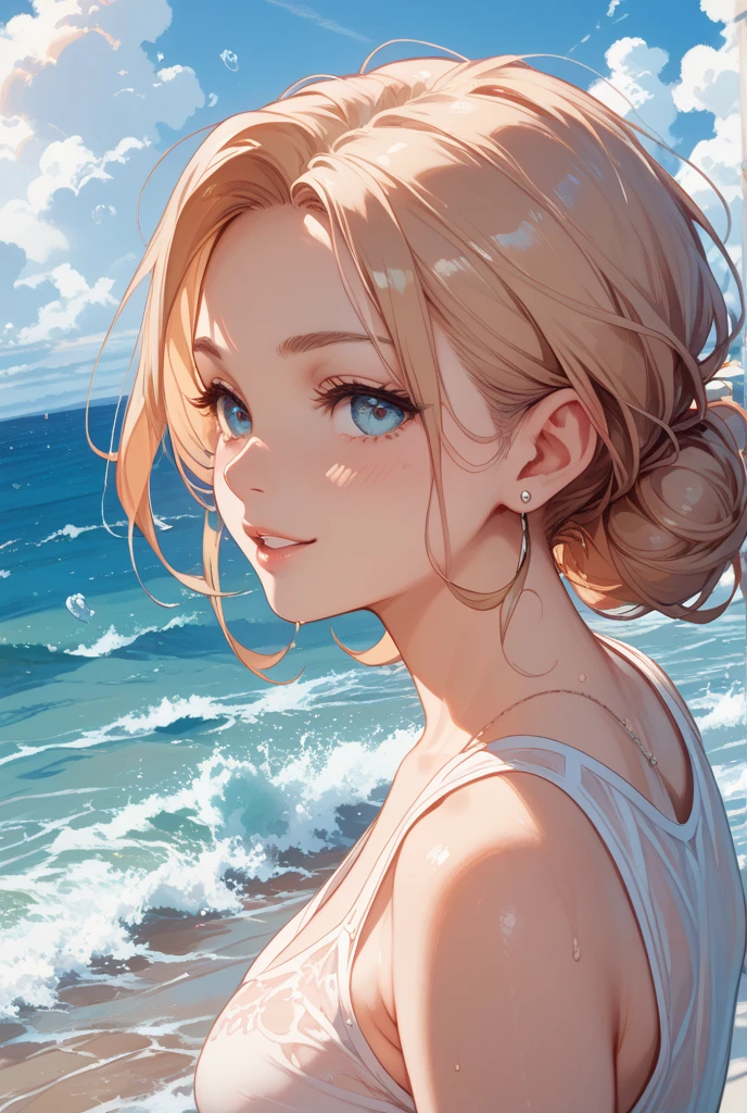 art by Cornflower, dreamy
(a girl who was petite and had beautiful detailed eyes. The depth of field in the photo was perfect, and the lens flare added a nice touch. The finely detailed features of her face really stood out, and the score for this photo was definitely greater than 10. In the background, there was a beautiful ocean with crystal clear water and water droplets on the surface. It was a stunning photo that really captured the beauty of the girl and the water.)
