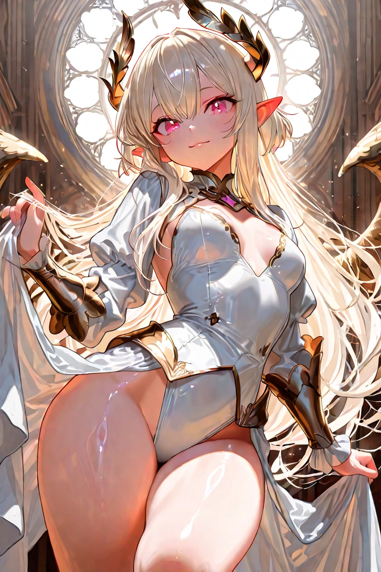 top-quality、Full limbs、complete fingers、one beautiful women、Beautiful Large Breasts、Long、straight haired、Silvery head hair、Red long sleeve leotard、((Thigh-length red high socks))、Angel white wings grow on the head and back、Black belt、Subspace、Ready to Battle