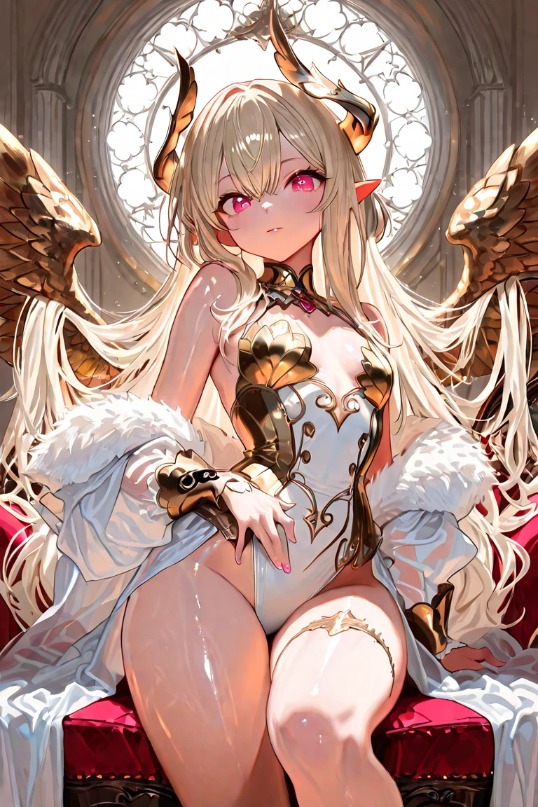 ((best quality)), ((masterpiece)), (detailed), 1girl, Character design, female, astrology, astrological symbolism, star reading, celestrial theme, heavens, heavens above, constellations, dynamic poses, long white grey hair, grey white eyes, very skinny, detailed, best quality, no accesoires around the neck, no shoes, prominent collarbones, skinny arms, flat stomach, visible hip bones, full body, blank white background, plain background, white background, red and white clothing, Bloodborne inspired, occult aesthetic, occult, detailed and intricate steampunk and detailed gothic, NSFW, Fluttering lace flared long knee length dress with frilly petticoats, knee length dress, pleated petticoats, petticoats gothic, complex lace boots, gothic aesthetic, wielding a mighty sword with mechanical components, mandalas, small breasts, a fairy, various different types of insect wings, beetle wings, NSFW, full body, whole body, body, chains,