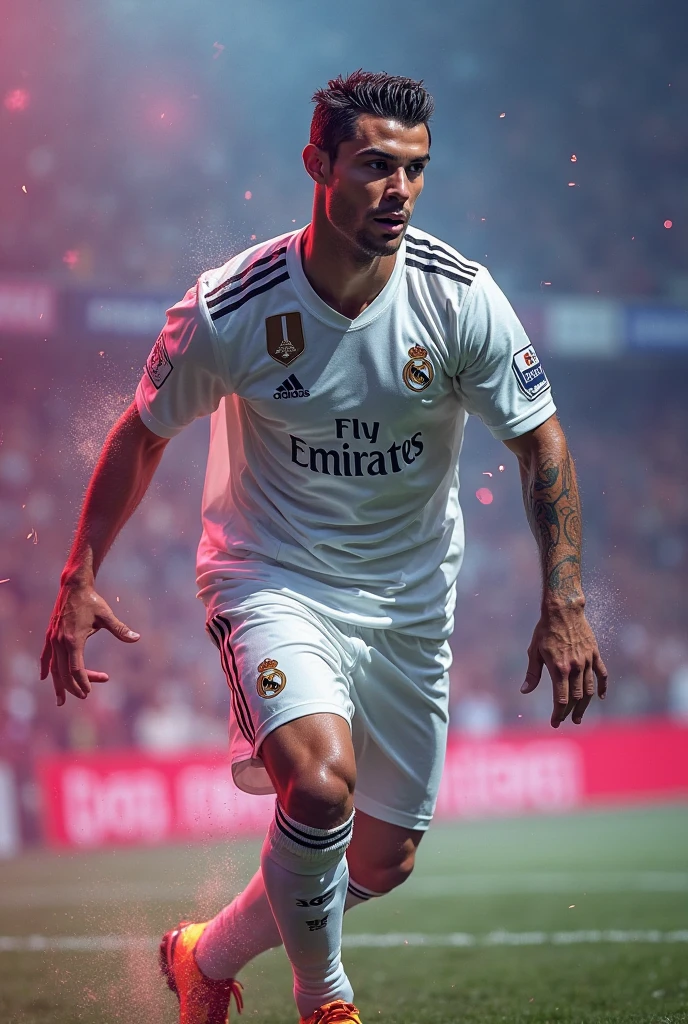 Photorealistic, 64K, A realistic christiano ronaldo [wearing real madrid soccer jersey number 7 ], standing up celebrating his goal