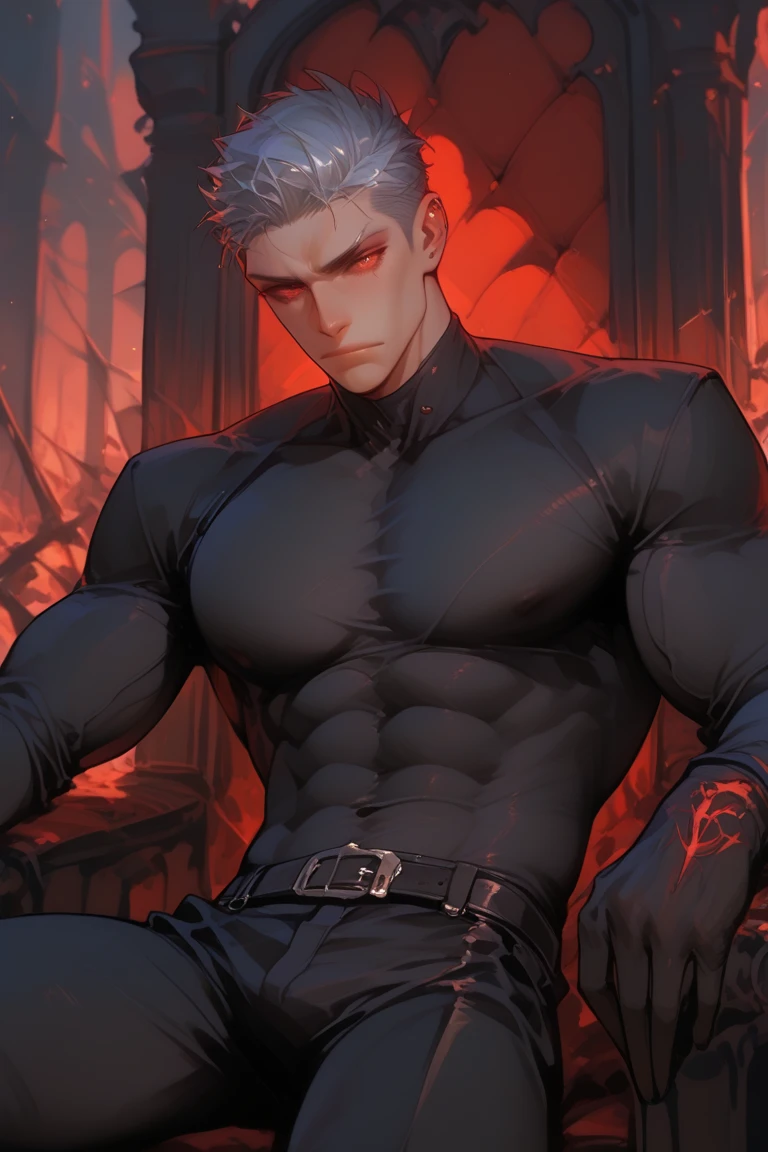 (masterpiece, best quality: 1.2), Solo, nsfw, male focus, 1boy, sukuna, tattoo_On_his_face, male, full bodyesbian, Red Leather jacket, Black Leather shirt, Leather pants, red Leather waistcoat, red Leather tie, Leather Gloves, Bulging muscles, A pink-haired, cow boy shot, 8K, super detailing, hands on penis, large erect penis over 10 inches length and 3 inches width, tight leather suit, inside the house,
