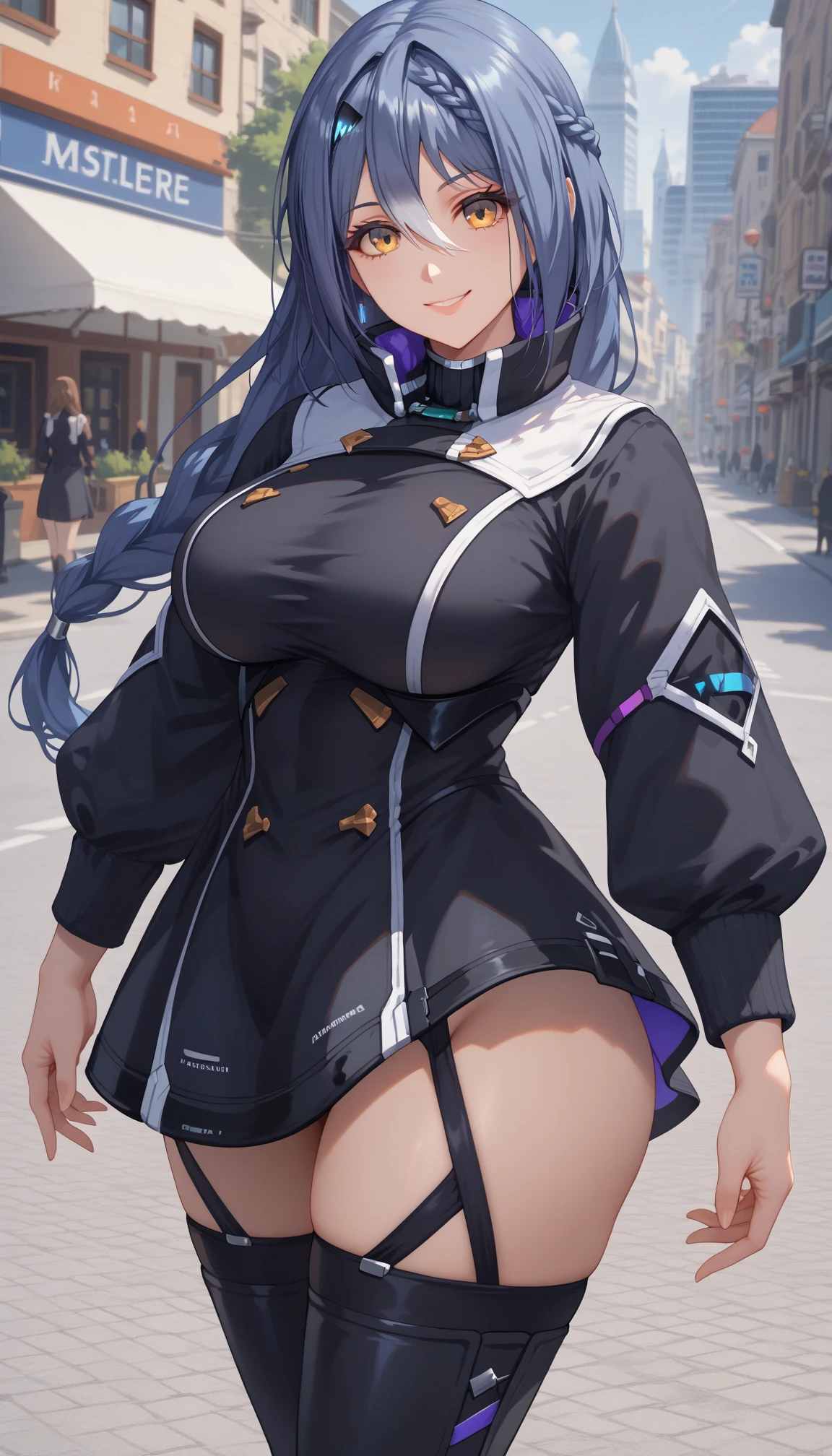 best quality, masterpiece, Selena PGR, Two-tone long hair, Ponytail, diaphragm, High Legs, Colorful blue and pink hair, Open jacket, (Open your clothes:1.3), (White and purple micro jacket:1.2), (Open shorts:1.15), Black shirt, (Black shorts:1.15), stage, Neon, Smile, open mouth, Looking at the audience,(Huge breasts:1.8)