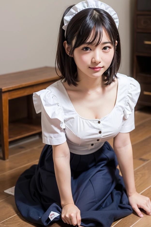 (((kneel in front of me、maid clothes、Kamimei))、(realisitic、Photorealsitic、ultra-detailliert、Highest Details Skins、top-quality、masterpiece、超A high resolution)、A Japanese Lady、17 age、Realistic skin type、Heavy chest、blurry backround、Bright lighting from front、cleavage of the breast、Shot looking down from above、Shooting head-on、View here、Katyusha、in a house