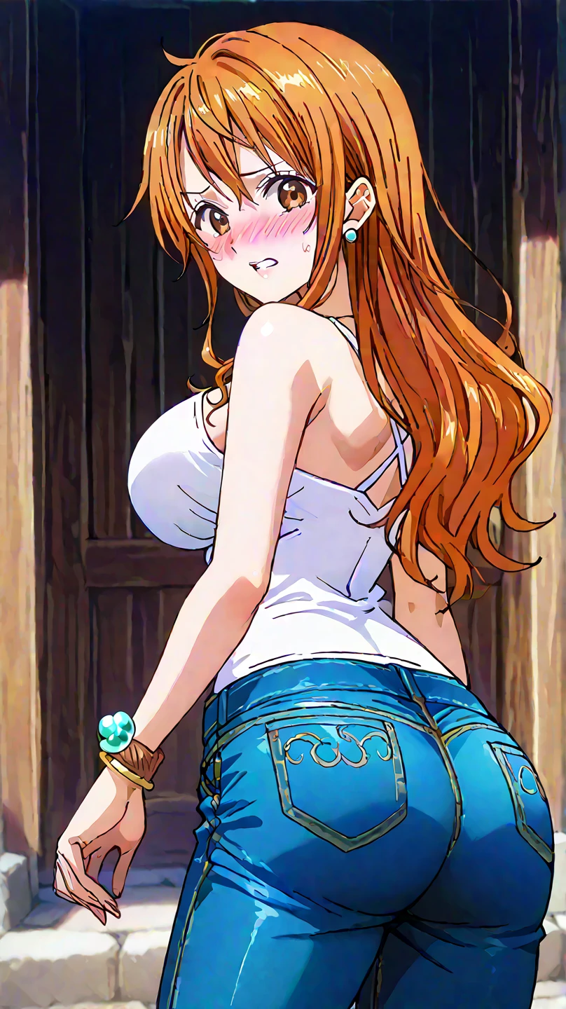 anime girl with red hair and blue shorts posing in front of a gate, nami from one piece, beautiful portrait of nami, nami one piece, nami, seductive anime girl, beautiful alluring anime woman, from one piece, marin kitagawa fanart, by Kentaro Miura, beautiful anime woman, female anime character, attractive anime girl
