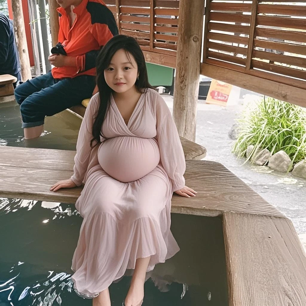 pregnant woman in pink dress sitting in water near waterfall, maternal photography 4 k, sakimichan, pregnancy, pregnant, cutecore, beautiful south korean woman, in water, in a pond, bathing in a waterfall, yanjun chengt, korean woman, next to a waterfall, pregnant belly, korean girl, sakimi chan, cute woman, beautiful asian girl