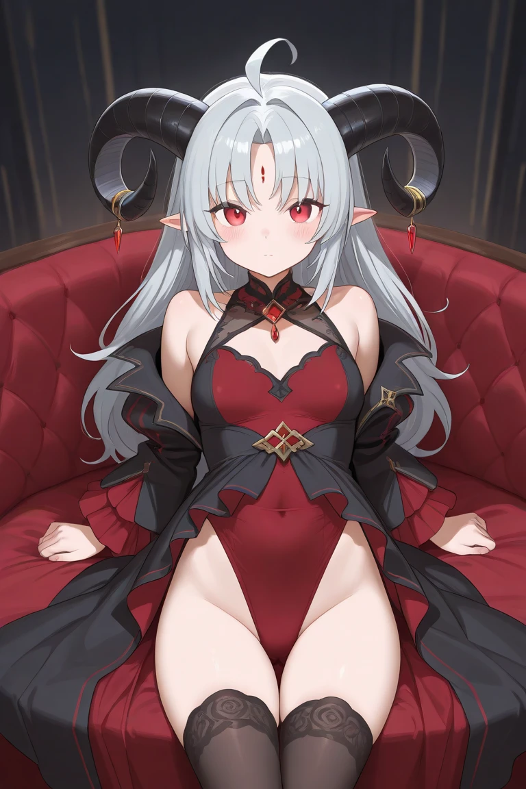 ((1adult woman,solo,milf,mature female)),red eyes,red lipstick,horns,white hair,long hair,black dress,elf ears,(((hair over one eye))),portrait,serious,