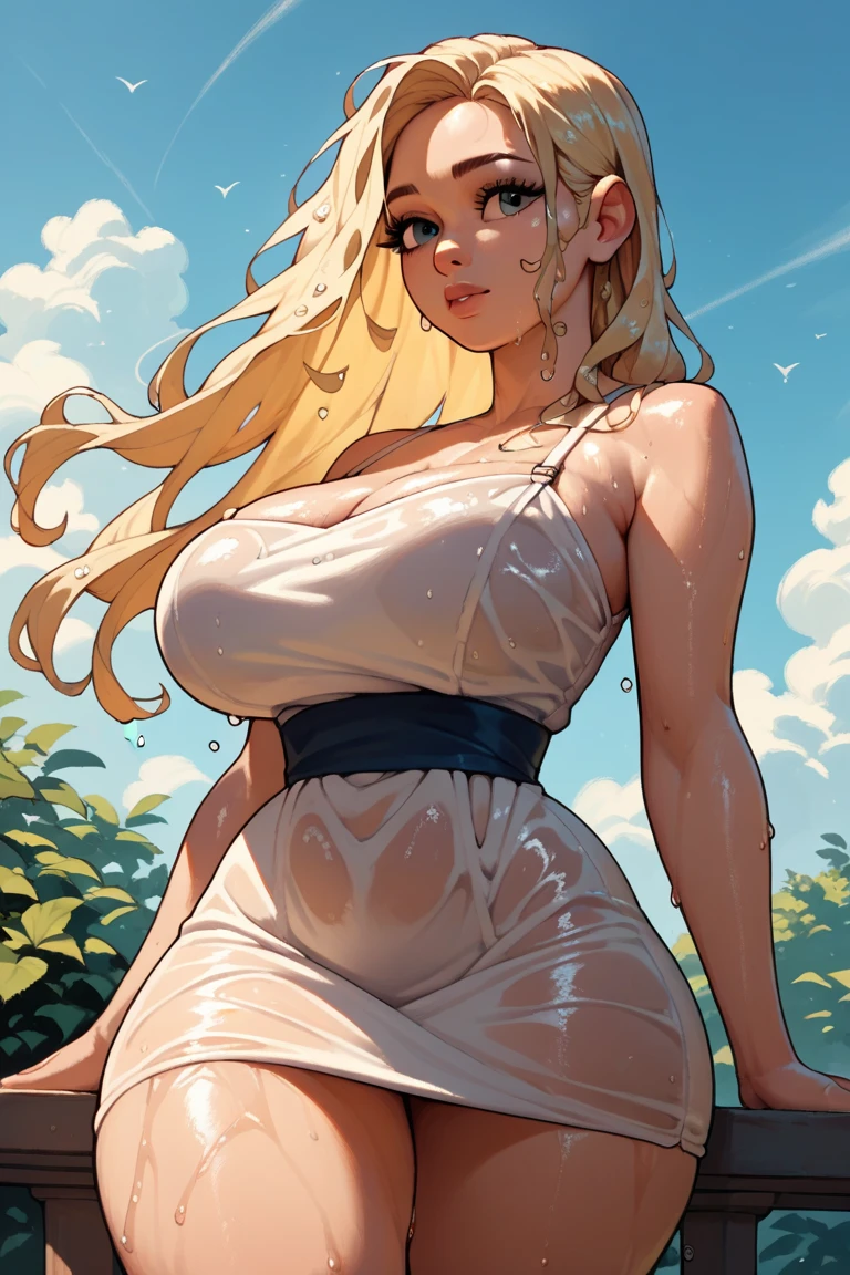,Big Breasts，Happy, Sundress, abundant，Gradient, extreme，color, Extreme，detail, Clear light perception, butt, (many, Impressionism, painting), Anime Characters,Fluid between thighs,flowing liquid,Disheveled,Clothing that fits snugly,broken，Chest contour,(((Wet clothing))),Tube Top,(((Ultra-thin clothing))),(Body model),((Flesh outline)),Grinning, blush,Hyperactive expression,Cover the crotch,(leaning forward)