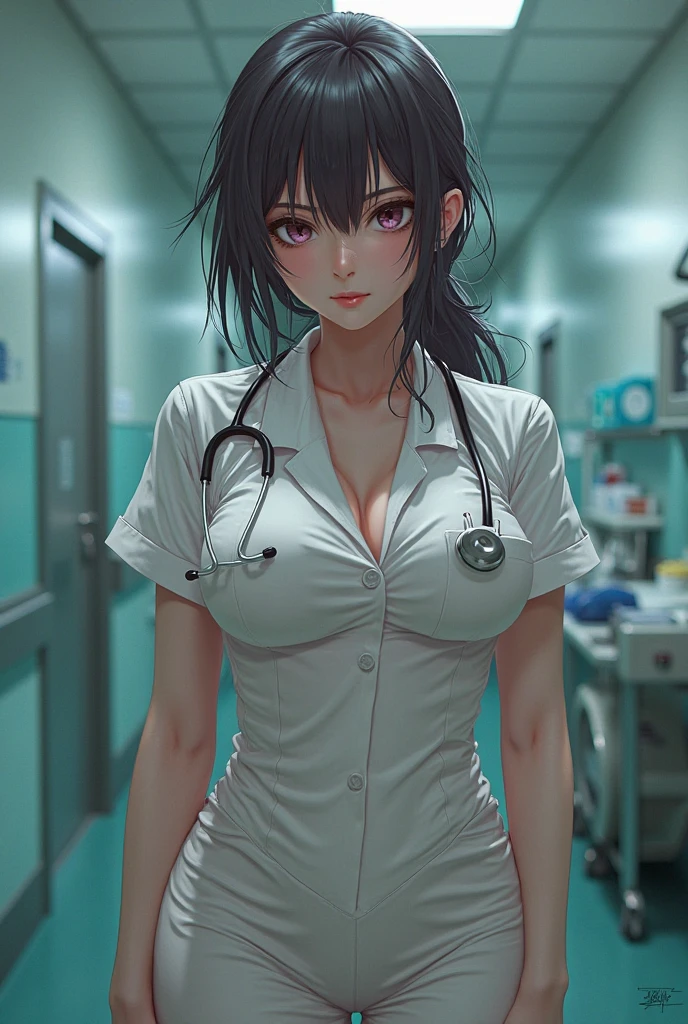 Female nurse with black hair in a dark room Anime style images Sexy breasts naked Stethoscope