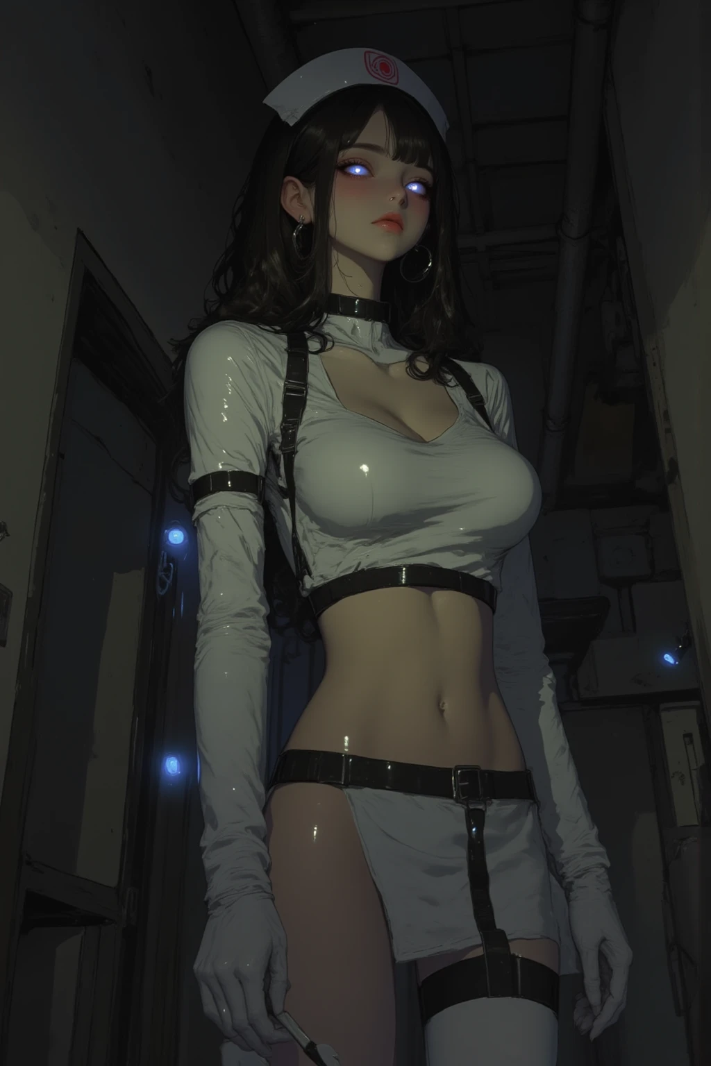 Lolita、A smile、20yr old、((top-quality)), ((masterpiece)), (high-detail:1.3), 。.3D, Beautiful fece (cyberpunked:1.3), stylish woman looking at camera black leather clothes、Sleeveless、be shy、I can't see the skin on my lower back、blue-black leather pants, Silver zipper,Belt under the waist,superfine illustration,a blond , show forehead, Silver center zipper, Leather Blue Black Bodysuit, Three Sleeve Blue-Black, shiny, Blonde ponytail、(((Full Nude 1.5)))