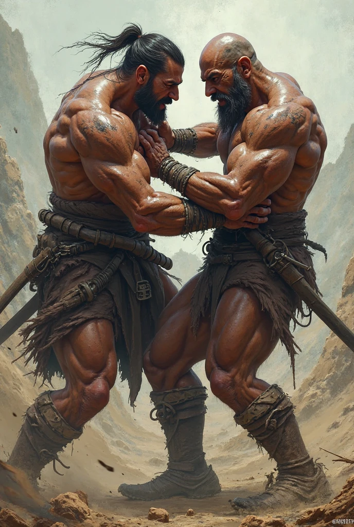 Two colossal strongmen, each with exaggerated muscular physiques, engaged in an intense standoff at the center of a grand feast hall. The scene is rendered in stark black and white pencil style reminiscent of a graphic novel, with bold lines and dramatic shadows that amplify the tension. The strongmen, one with a clean-shaven head and the other with a wild, unkempt beard, are dressed in contrasting outfits—one in a pristine white loincloth and the other in tattered black rags. They stand on a table laden with food, which is thrown into disarray around them, showcasing their tremendous power and disregard for their surroundings. In their clenched fists, they hold onto the remnants of their shattered plates, using them as makeshift weapons. The hall's patrons, a diverse and shocked crowd of medieval townsfolk, are frozen in mid-celebration, their expressions a mix of horror and amazement. The walls of the hall are adorned with ancient tapestries that seem to pulse with the intensity of the moment, and the chandeliers above swing precariously as the strongmen's battle threatens to bring the whole structure down. The air is thick with the smell of roast meats and the sound of splintering wood as they smash into each other, their muscles rippling with the effort. The table they stand on creaks and groans under their weight, and the floorboards threaten to give way. The scene is framed by the dynamic use of perspective, with dramatic foreshortening and a low angle that elevates the confrontation to epic proportions. The stark contrast between the peaceful, opulent setting and the raw, brutal struggle unfolds like a dramatic still from an action-packed graphic novel page, leaving the viewer eager to see the next panel of this explosive narrative.