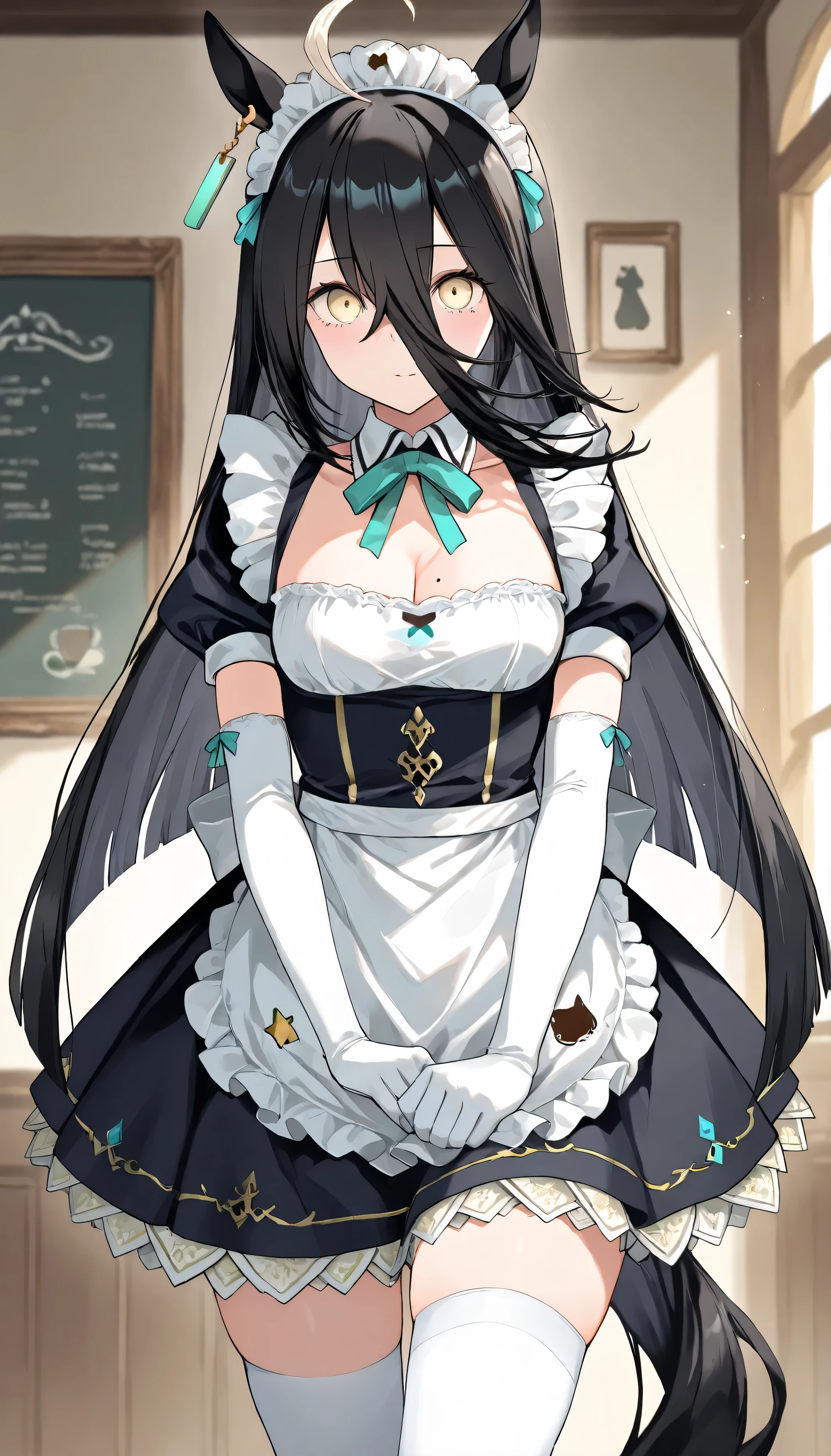 masterpiece, best quality, 1girl, manhattan cafe, ahoge, horse tail, flat breasts, mole on breast, maid headdress, detached collar, maid dress, cleavage, short sleeves, puffy sleeves, white elbow gloves, apron, white thighhighs, Composition from the front, front, Upright posture,