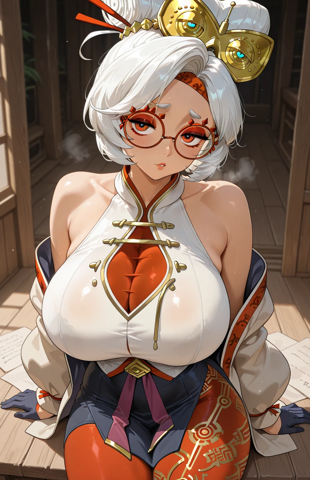 ((masterpiece)), ((best quality)), (detailed), perfect, solo, purah, gorgeous woman with cleavage, luscious lips, white hair, huge breast, deep cleavage, huge breasts, sexy, lying down
