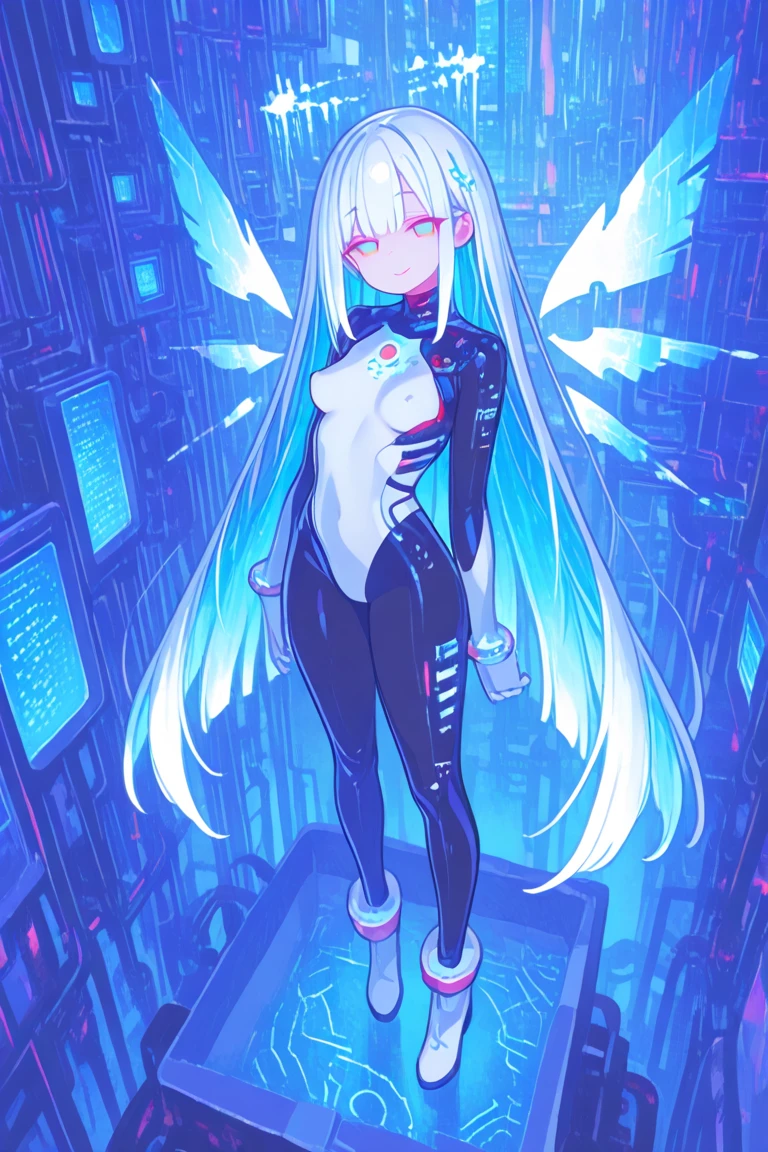 (masterpiece ,best quality, ultra detailed, highres, absurdres:1.2), 
(best quality:1.1),ultra-detailed, high resolution, super detailed skin, beautiful detailed eyes, Brightly Lit, Highly Visible, 8k, sharp focus, perfect lighting, beautiful eyes, extremely detailed eyes, (smooth edges), beautiful face, 
 smile, smile, embarrassed, blush, 
(21 year old model), 
1girl, cyberpunk angel, beautiful woman, blonde hair, long hair, slender, , cyborg, robot joints, mechanical wings, large wings, halo, bright pupils, blue eyes, glowing armor, neon armor, latex dress, neon dress, translucent sleeves, translucent dress, translucent skirt, white stockings, latex stockings, platform boots, neon boots, 
city background, 
, , , short shorts, , looking at viewer, shocked, blush,