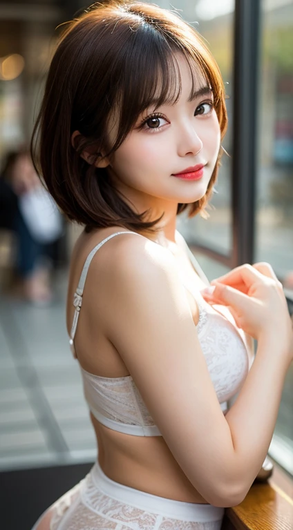 (((((Mai Shiraishi, pink brassiere, white long skirt, cowboy shot, side view, looking ahead, arched back, arms behind head, dark brown very short hair, gigantic breasts, standing))))))((((masterpiece, best quality, highly detailed, absurdres, RAW photo, ultra high resolution)))), highly detailed face and skin texture, detailed eyes, clear focus, an asian young and beautiful girl, white skin, real human skin, oval face, pores, gentle and goddess-like eyes, lip gloss, eyelashes, gloss face, Wide range of lighting, Natural shading, Small waist, slender body, slight smile, clear features, Beautiful face, Double eyelids, sagging eyes, night cityscape