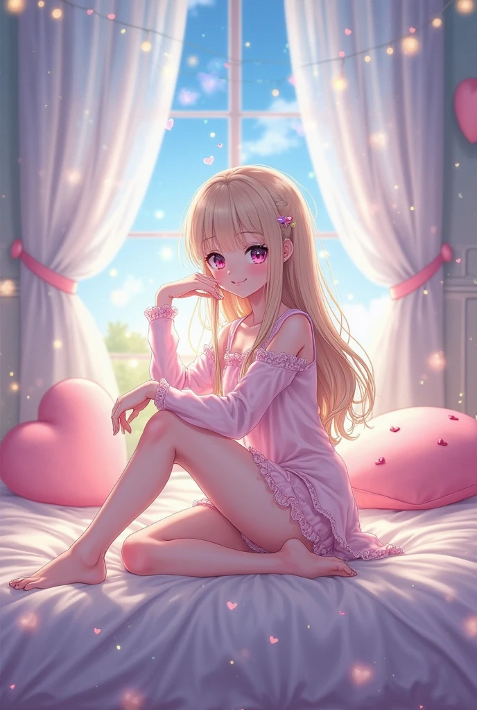 very cute female child:1.5,10 yo,Clothes with peach-colored ruffles:1.8, Barefoot, Summer,dutch angle shot,low angle,full body shot,medium shot,flat chest:1.5,nsfw:1.3, Cute PINK Living room:1.8,4K, (Raw photo: 1.2), (masutepiece: 1.3), (exquisite detailing: 1.2), Delicate and beautiful details, (Eye Detail), (Facial Detailed), (Highest Quality) :1.4), (Hyper-Resolution: 1.2),(very detailed illustration), Best Quality,depth of fields, Wide light, natural shadows