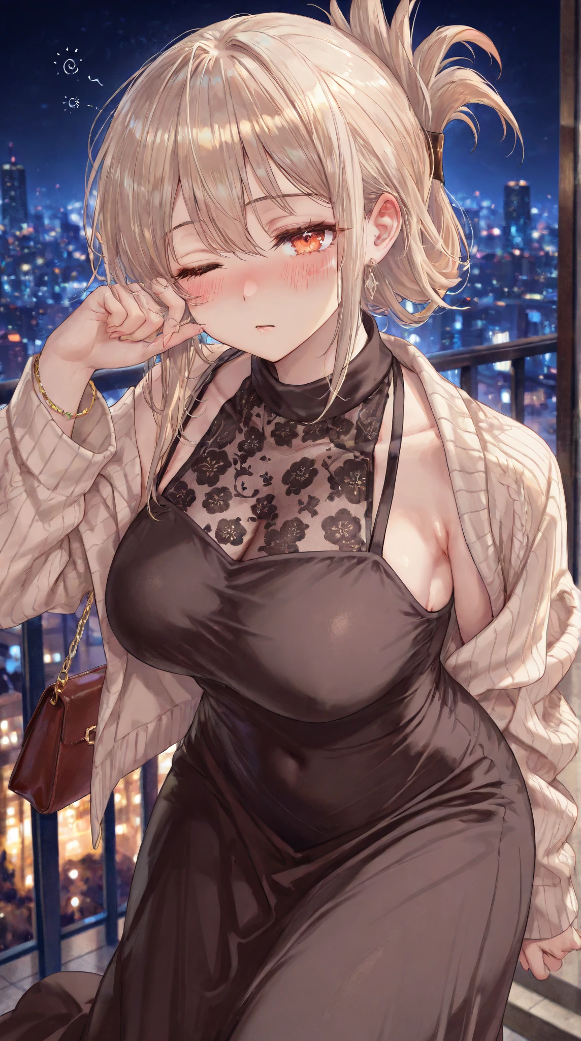 ((((masterpiece, best quality, high resolution)))), (1girl:1.5), (large breasts: 1.2), blush, light smile, parted lips, glow, narrow waist, cleavage, (beautiful detailed face, beautiful detailed eyes), long slender thighs, perfect eyes, looking at the viewer, seductive looks, seductive pose, standing on the door, arms behind back, night time, black dress, dress, fur coat, high collar, jewelry, necklace, off shoulder, taut clothes, taut dress,