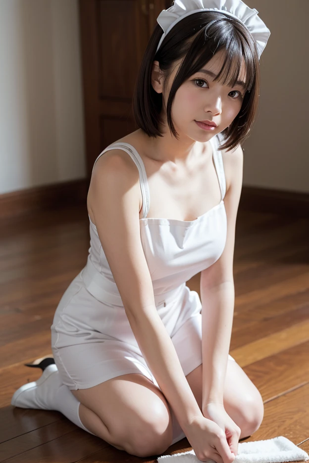 (highest quality:1.5), (Real:1.5), (1 person:1.5), (Very detailed), (High resolution), 8k, medium breasts, Natural color lip, Cute smile, Japanese women, 20 year old girl, (Perfect and beautiful face), (Big eyes), (Beautiful and Cute face), (Beautiful balanced eyes), Beautiful double eyelids, Perfect and beautiful face, Thin arched eyebrows, Slim face, (slim body), beautiful thin nose, beautiful skin, (medium bob hair), natural bangs, fair skin, (with a cute expression), (bright lighting), lighting from the front, (lighting the face), dark blue eyes, slim waistline, (miniskirt), slender and beautiful legs, garden, (with lace) (wearing a one-piece dress with a micro miniskirt), beautiful and slim thighs, low cut short skirt dress, National Library, sitting, shoot from below, Wearing lace panties underneath、