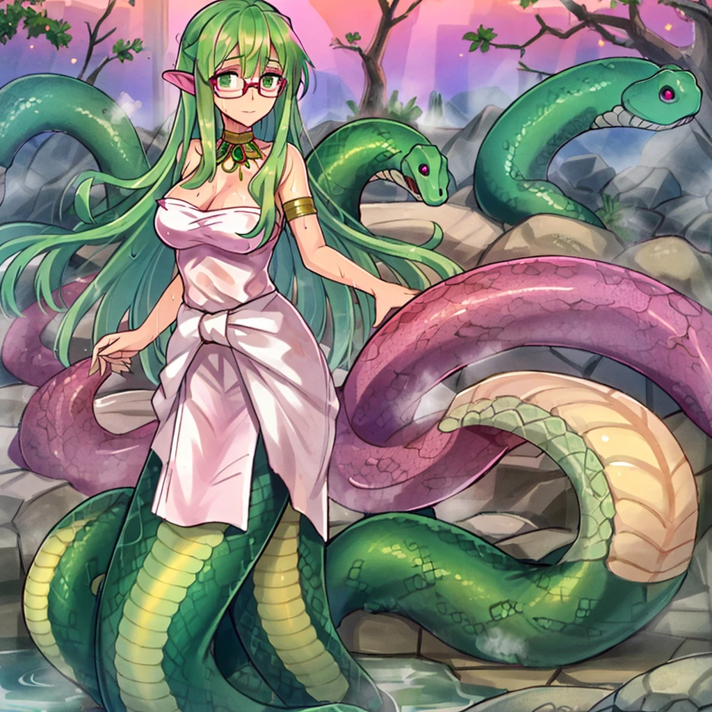 young woman, long green hair, very curvy, Without clothing, queen of green tentacles, sits on mucus.