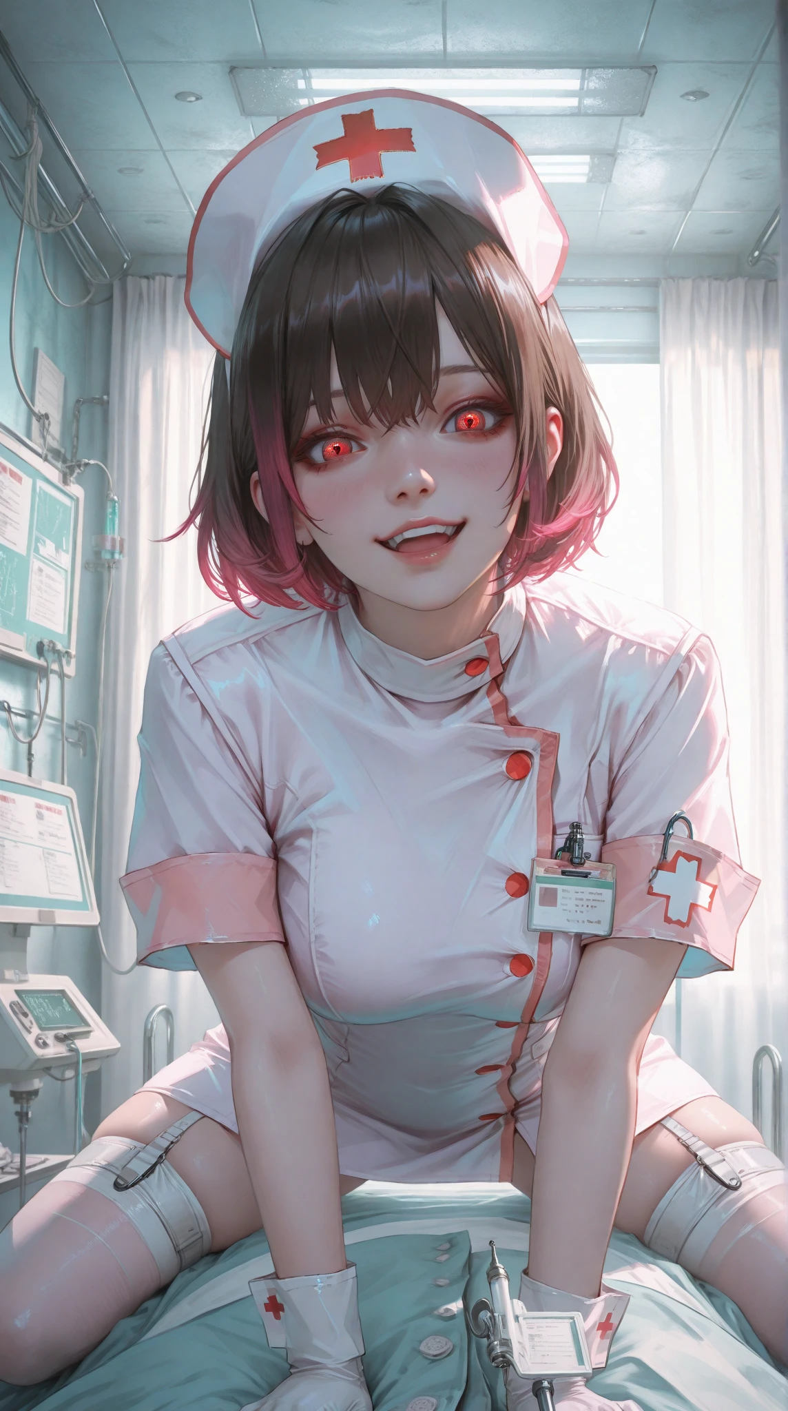 (masterpiece:1.2, best quality:1.2), ((masterpiece)), (best quality), ((ultra-detailed)), 1girl, solo, short hair, ((purple hair with red highlights)), (white nurse outfit), white clothes, nurse hat, operating room, syringes, needles, blood, white gloves, upper body shot, (winking)