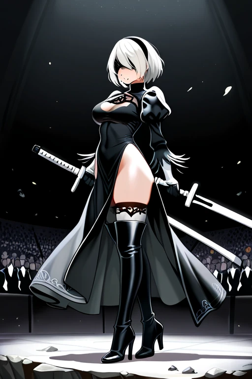 [n_2b], [nier automata], ((masterpiece)), ((HD)), ((high res)), ((solo portrait)), ((waist up)), ((low angle view)), ((detailed shading)), ((intricate details)), {(beautiful woman), (slim figure), (short white hair), (small breasts), (curvy hips), (beautiful legs), (lush lips), (blank expression)}, {(black dress), (white leotard), (black blindfold), (black hairband), (opaque black thighhighs), {(wielding sword), (dynamic pose), (looking ahead)}, [ambient lighting, ruined city, grey sky]