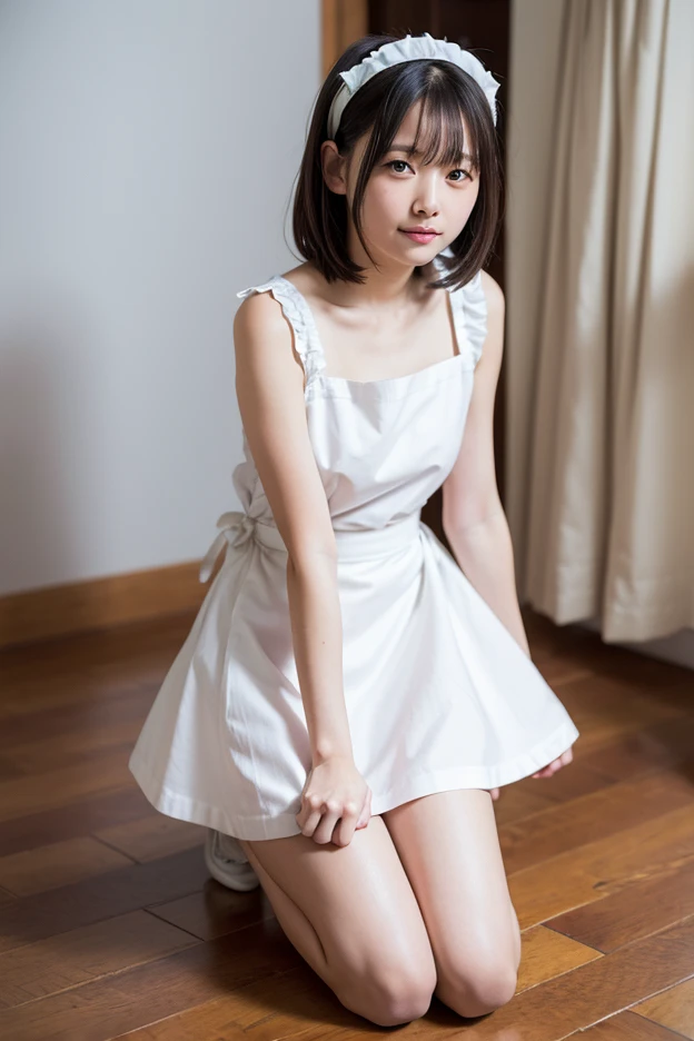 (mastepiece:1.2, Best Quality, Photo Real Stick), KANA, pixie cut:1.2, 12year old, ,wearing short white dress ,sitting on chair, ((cowboy shot)),