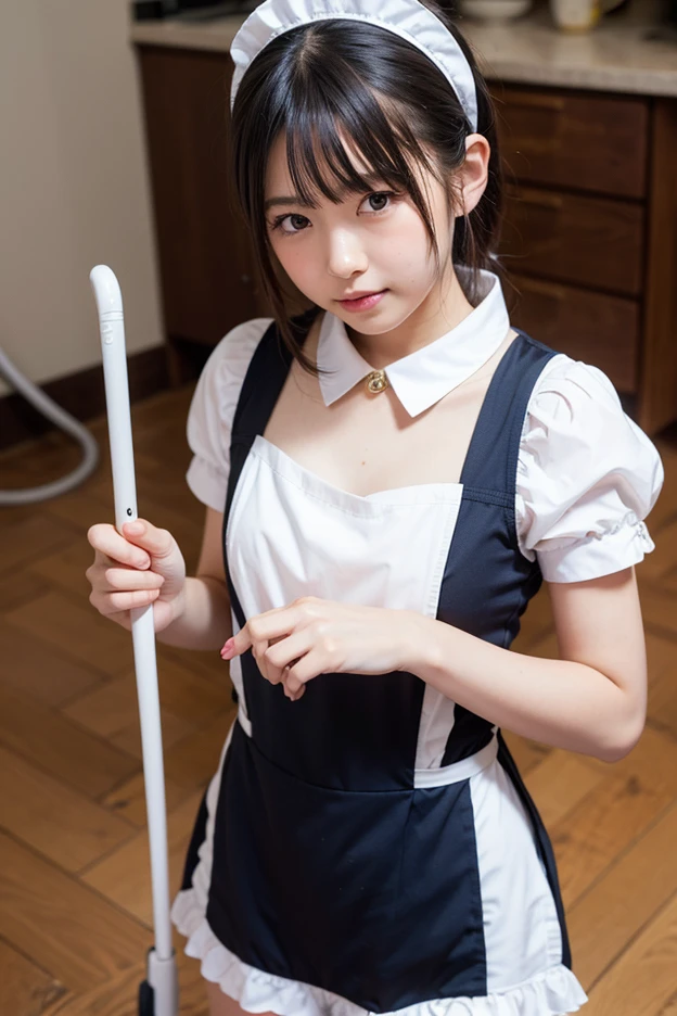 One girl, History of Goto Islands, @_@, Blowing up rocks!, Black Dress, blue eyes, Panicked, Cube-shaped hair ornament, Maid Apron, hands superior, Maid's Headdress, Panic, Sweat drops, Pink Hair, alone, superiorper body, Dynamic Angle, White Background, score_9, score_8_superior, score_7_superior