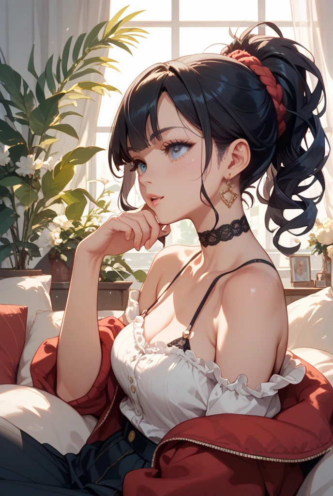 (Highest quality、In 8K、32k、masterpiece、Hmph:1.2)、One Girl、Beautiful Japanese Women、Big breasts and small waist、(Beautiful nape)、((Updo))、(Wearing a camisole、hot pants)、20-year-old、In a room bathed in morning sunlight、(Biting pose:1.2)、(smile:1.5)、