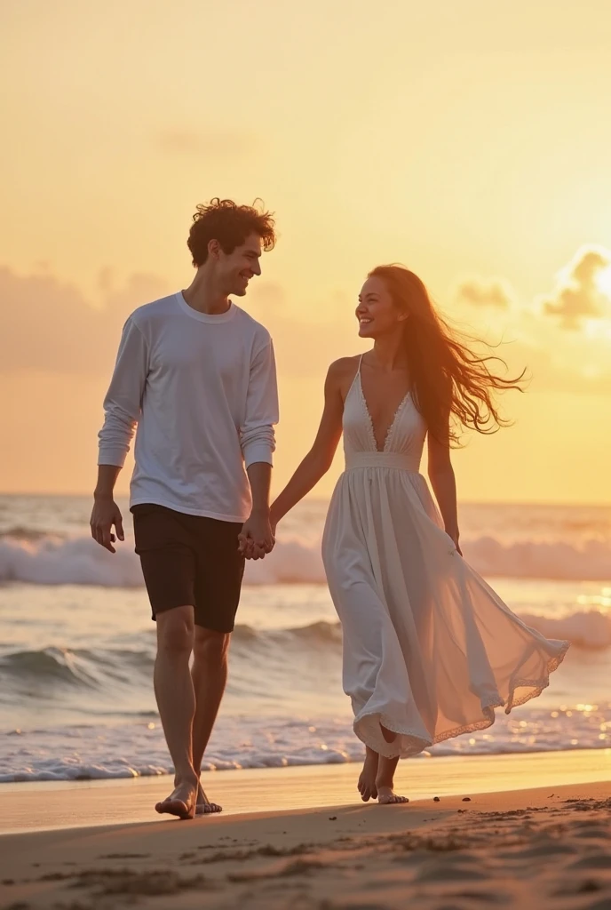Sunset Beach,Young couples,Hand in hand,classical architecture,The smile is bright,Hand in hand,Hug pose,Sketch style,heart motif,light and shadow effect --auto --s2