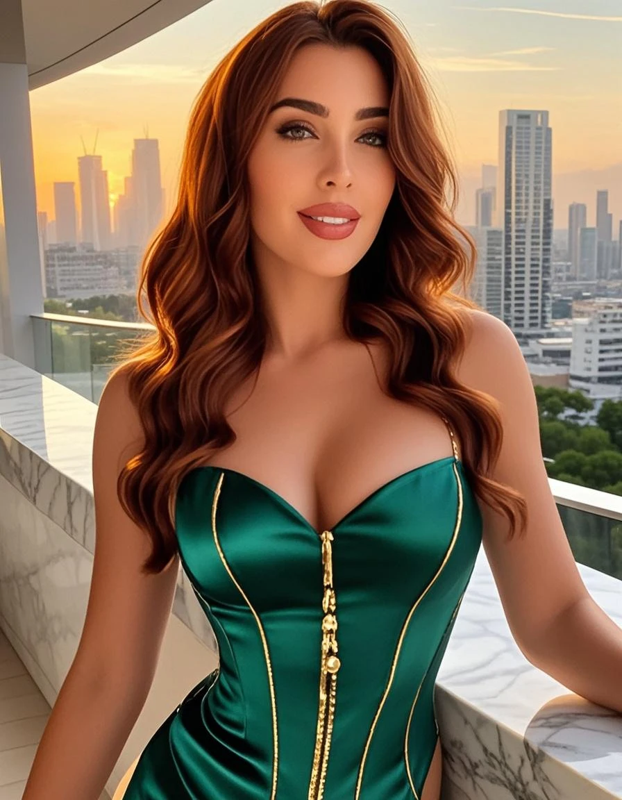 professional photo of 1 girl, realistic photo, full body photo, photo of a stunning, beautiful girl, mix of taylor hill face, Yael Shelbia, amber heard face and miranda kerr face, cute face, dimple, jaw dropping beauty, blue eyes, beautiful eyes, perfect eyes, full lips, white skin, radiant skin, medium to long hair, light brown hair with blonde highlights, curly hair, high volume hair, The hairstyle is an updo accented with a black ribbon, creating a feminine impression. medium breasts, big butt, curvy girl, fit, perfect body, perfect legs, confident woman, seductive smile, innocent charm. orange and green Polka Dot Print blouse, and mini floral skirt, glamorous design with beautiful details, intricate details, designer outfit, expensive outfit, blouse opens, sexy cleavage, in Monaco, at a terrace, deluxe terrace, night, night view, full moon, outside terrace, Monaco promenade lights, vivid colors, various poses, foreground objects, background details, people in the background, sunset, flirting with the camera, sensual girl, feminine and stylish girl, super sharp image, 18K, beautiful pose, full body photo, smiling, vibrant colors, Wearing the Prada-inspired summer collection, Vogue style, real life enhancer, good light, real, real life, uhd, masterpiece, polka dot black and yellow blouse and mini floral skirt, glamorous design, stylish and feminine girl, stylish and fashionable clothes, beautiful clothes contrast, exuding an effortless sophistication. Very detailed, cannon camera, fujifilm, realistic, Try adding a chic accent, uhd, masterpiece, various poses, image clarity, depth of field, fool moon view, try to accentuate her beautiful face details, beautiful skin texture