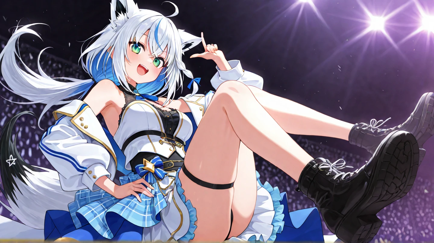 (((4k、masterpiece、top-quality))), best quality, masterpiece, le malin holding a microphone with her two hands and singing, hands on microphone, microphone, holding with two hands, open mouth, singing, le malin, star-shaped pupils, double bun, blue eyes, very long hair, hair bun, bow, white hair, sidelocks, blue hair ribbon, ribbon, white _dress, angel_wings, white_legwear, long sleeves, white dress, pleated dress, thighband pantyhose, stage,