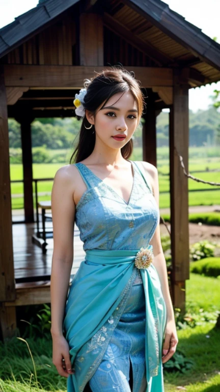 a beautiful girl in vintage colors aodai, masterpiec e, best quality, realistic:1.3, street, holding bundle o f flowers, sunlight, backlighting, artstation, intricate details, vignett The owner of an attractive body outli ne and high hips3d 4k