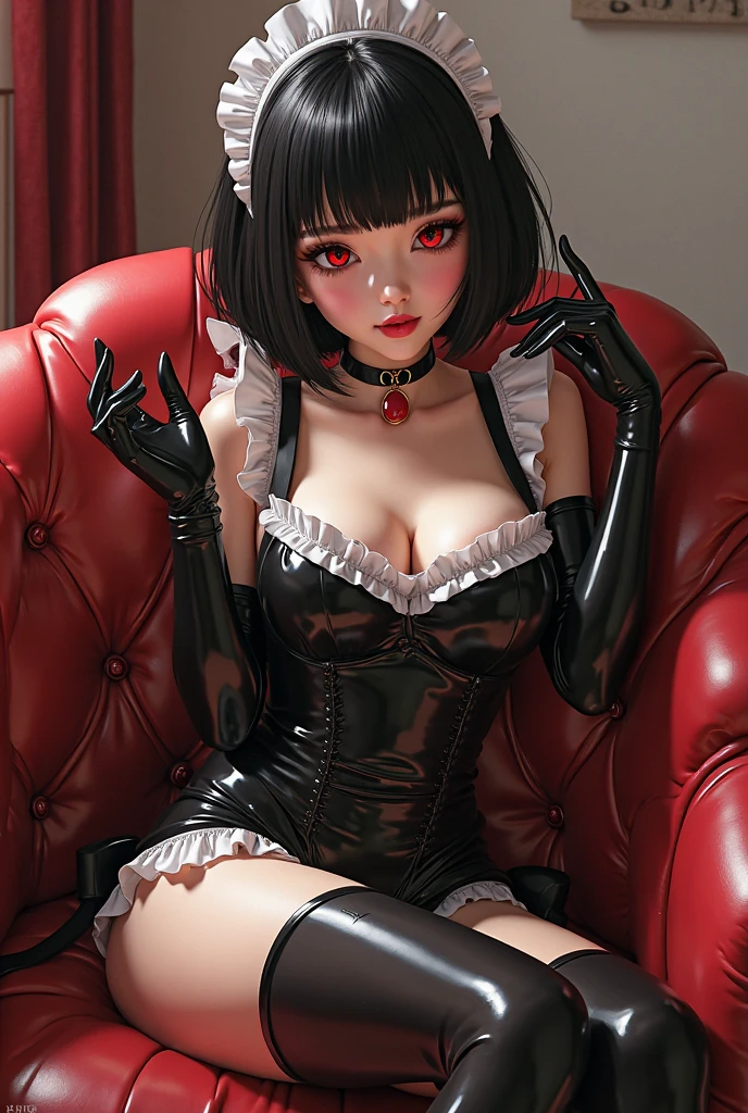 Young Asian maid woman, 23 years old. Busty. Double D cup, Black eyes wearing blood red leather maid dress, Black leather Stockings. Sitting in her bedroom, full body pose, dressed in a beautiful red corset, Smile, High Detail, HD, Best quality, high quality, black stockings, Foot Focus, Naughty Face, looking at the audience, from below,