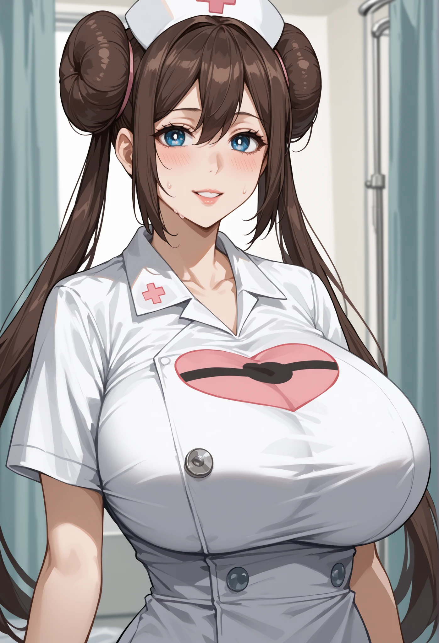score_9, score_8_up, score_7_up, source_anime, 4K,perfect fingers,(perfect hands, perfect anatomy),prefect lighting, very aesthetic, intricate details,highly detailed background, masterpiece, high quality, best quality,
1girl, rosa, brown hair, double bun, doughnut hair bun, hair bun, blue eyes, hair between eyes, twintails, visor , Large breasts, hyper breasts, tall girl, slim girl ,,
yandere, nurse, sanpaku, sweat, press the intercom, hospital, nurse,
