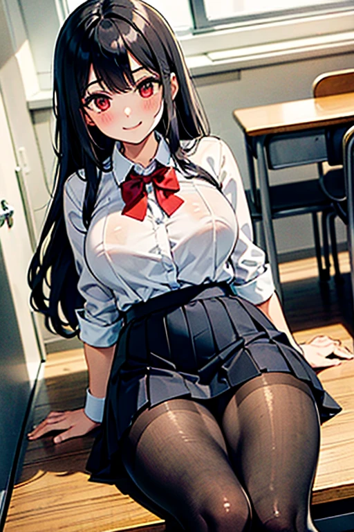 4K photo of a young woman with black hair, 17 years old, medium breasts, pink eyes, long hair, left bow tie...,, wearing a rain-soaked shirt.  Short black skirt, wearing earrings, lifting up the skirt to reveal black underwear. With a smiling face.