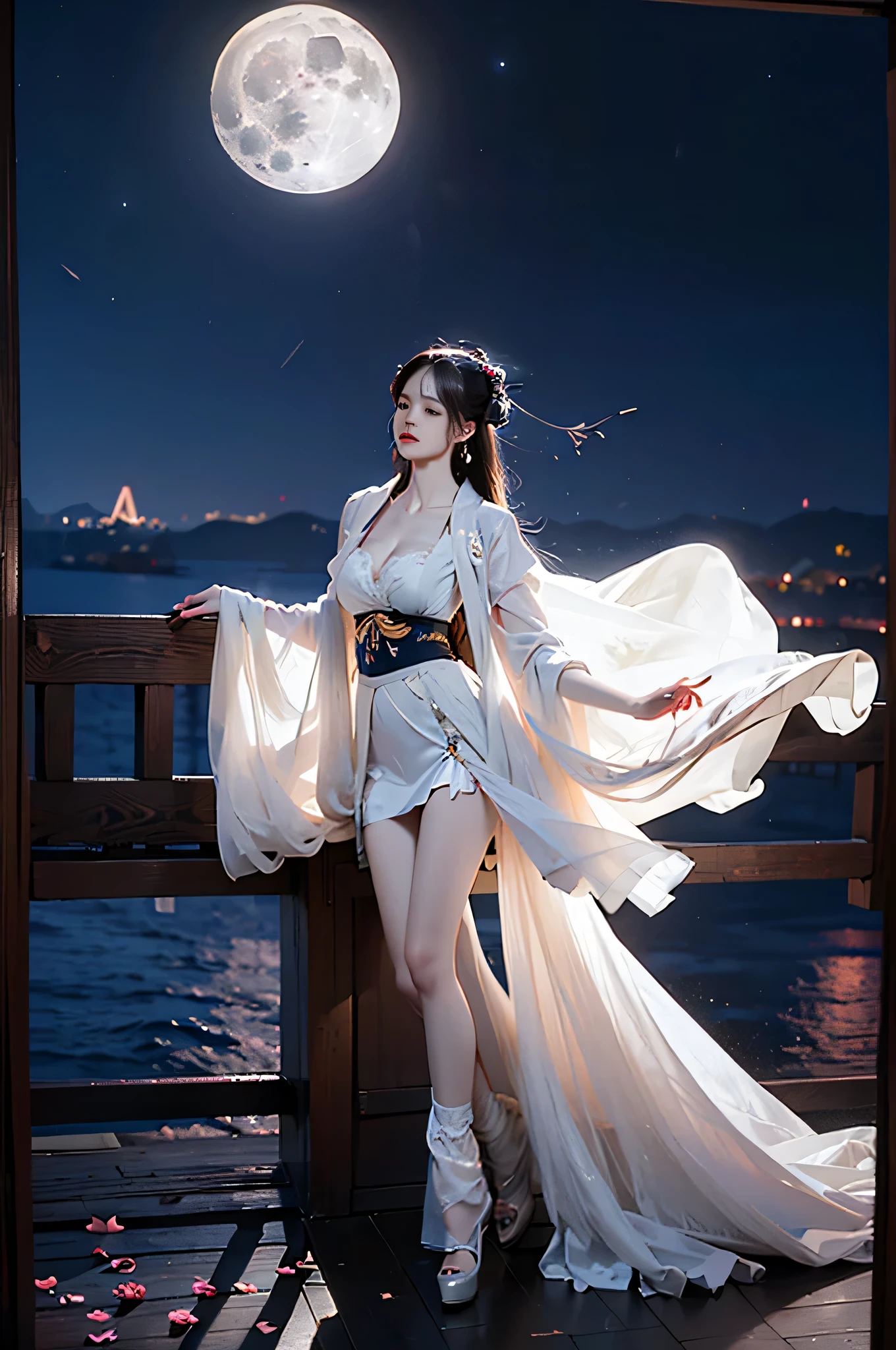 Female Moonbeam Dancing in the Night Sky: Female Moonbeam is depicted dancing among the stars, her body illuminated by the soft glow of the moon. Her flowing robes sparkle with stardust, and her movements are delicate and mesmerizing, leaving trails of light in her wake as she twirls through the air. (having beautiful breasts: 1.33), (having clothes: 1.77).