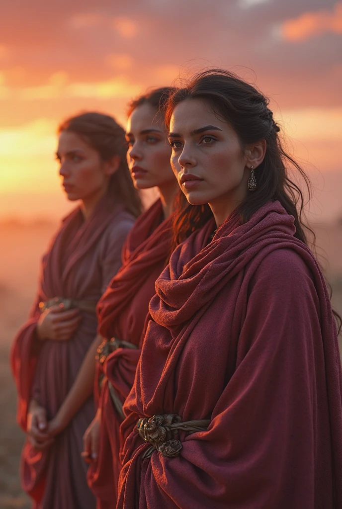 Generate realistic images of 2 adult women and a 50-year-old woman, with coarse tunics in the city of Moab that are based on the story of Ruth all the characters must be good looking
