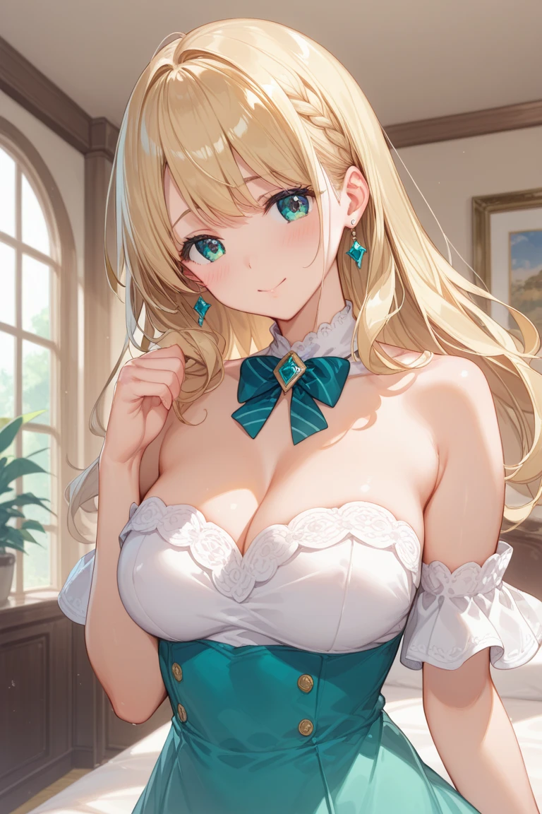 (Best quality, 8k, 32k, Masterpiece, UHD,:1.2),RAW, human, 1girl,ultra cute , ultra cute, natural lighting, transparent shining eyes, 20yo, large breast ,femur, fair complexion , flushed face, ,Homemade Country Dress,long-sleeved dress in muted colors, Handmade apron for practicality and style, sturdy fabrics like cotton, Happily Smiling, ((wariza)), on sofa, emerald green, From the front and above, Closeup shot, Cleavage Cutout, blonde ponytail, arms between legs, emphasizing the Cleavage, breast shot