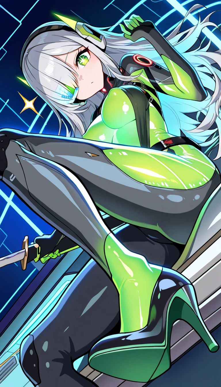1girl, large breasts, breasts, thick thighs, green hair, bikini, black bikini, smirk, smile, futuristic, science-fiction, tech, neon trim, machinery, short hair, headset, helmet, head-mounted device, mind control, hypnosis, covered eyes, jackopose, bottom-up, top-down, full_bofy, ((full body)), high heels, long legs,