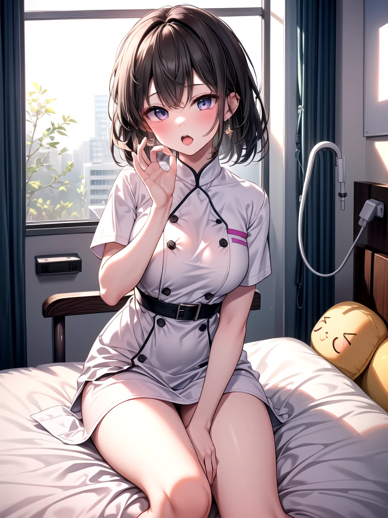 (1 person、solo), Beautiful woman, (High-definition and beautiful eyes)、(Anatomically perfect body), Slender、(nurse, nurse), (man, having sex:1.2), (Penis insertion:1.2), 18-year-old、(Highest quality)、Black Hair, (short hair)、(8k, High resolution)、(shy:1.4)、Mid-chest, (steam:1.1), (embarrassed:1.3), Glossy lips、On the bed