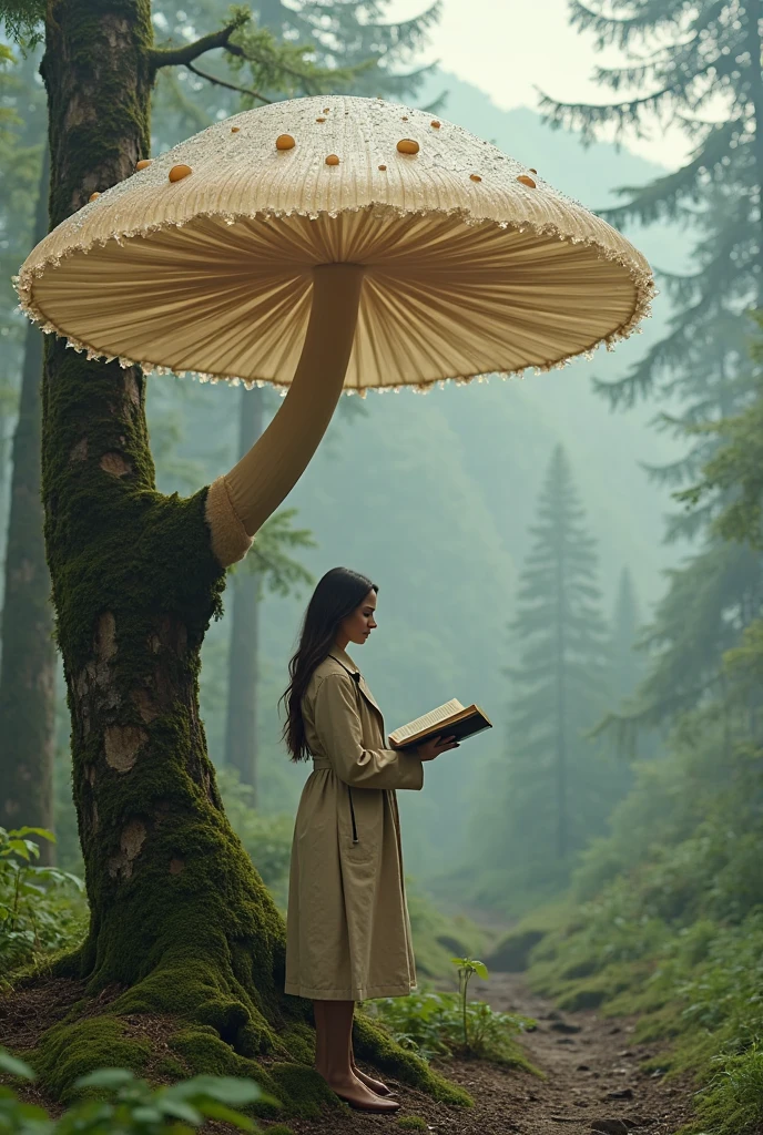illustration, masterpiece, fairy-tale persona girl sits under a mushroom and reads a book, forest background , Rays of the sun