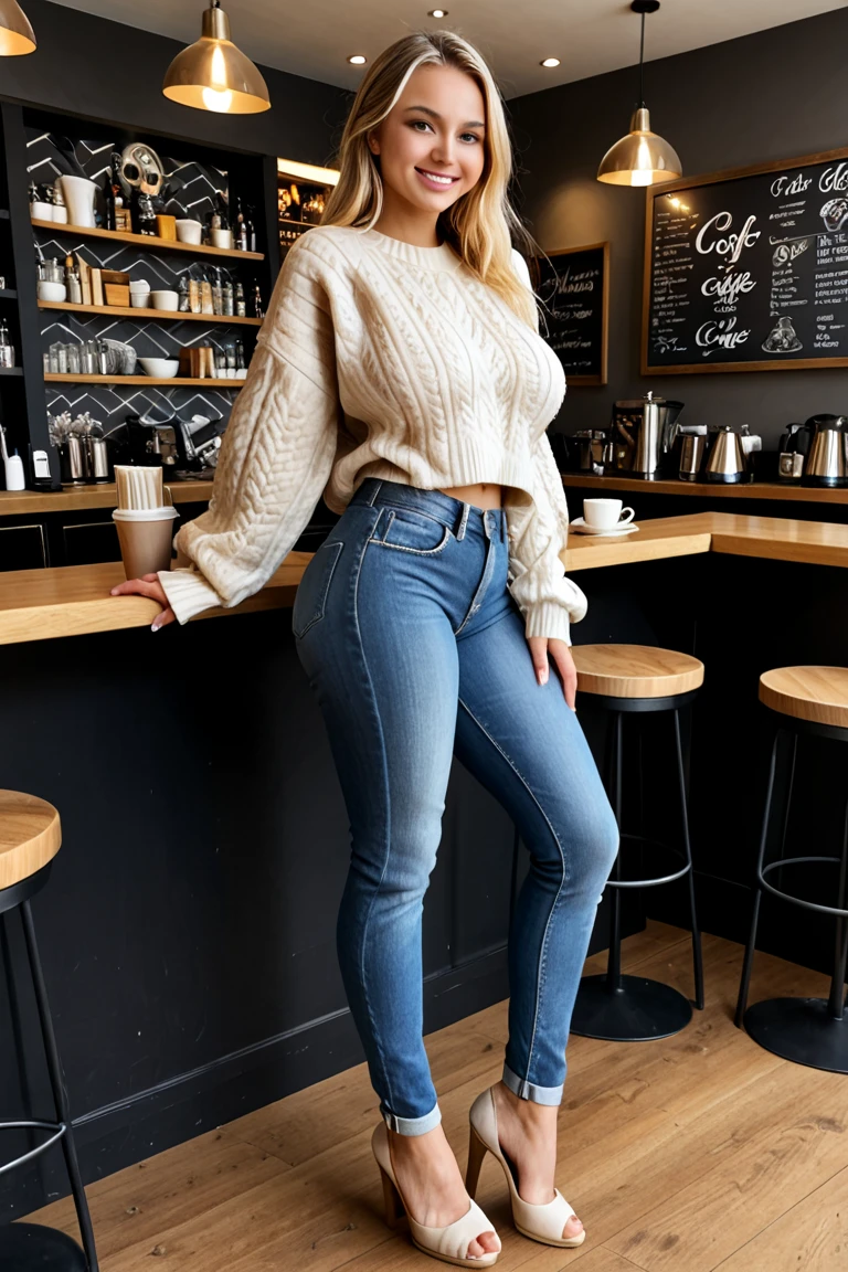 a photo portrait of a beautiful full whitegirl with long hairs and dark blue eyes ,big ass ,small sporty and round breast ,high definition, more sharp , ( blonde hair:1.10),front photo pose,beautiful hands ,beautiful nails , is helping newcomers in the crypto space. She’s dressed in a cozy sweater and jeans, her laptop open in front of her. She’s sitting at a café, her body turned towards a young man, her eyes patient and understanding as she explains the basics of cryptocurrency to him.
