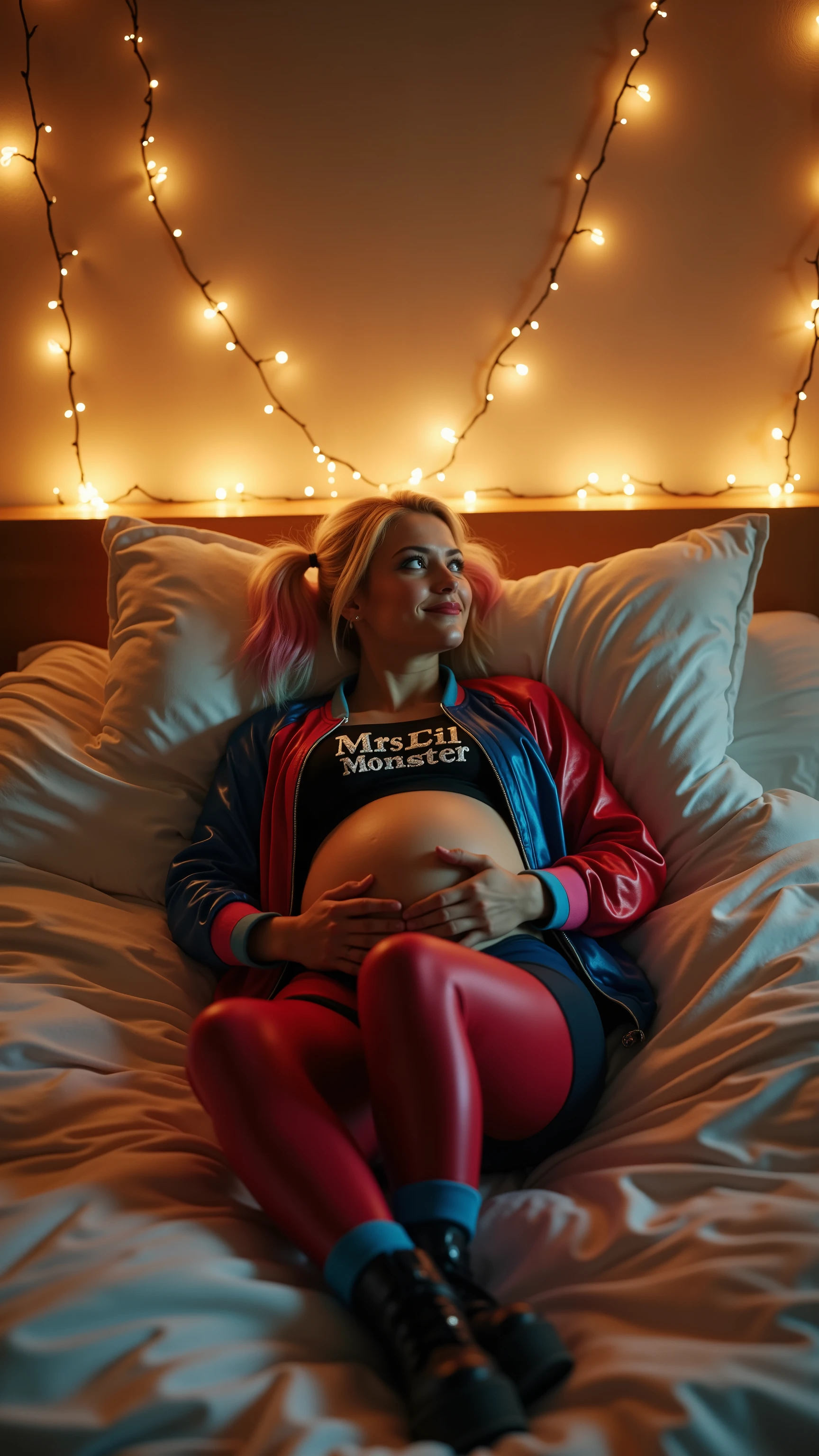 Soft, warm bedroom scene lit by delicate fairy lights strung across natural branches above a plush bed. Golden ambient lighting creates a cozy, glowing atmosphere, with gentle shadows dancing across the white pillows and smooth beige sheets. In the center of the frame, Harley Quinn lies on her side, alone, yet radiating confidence and calm. She is visibly pregnant, full-term, with a beautifully round belly, resting peacefully in the soft bedding.
Harley is styled in her classic punk-glam look, adapted for pregnancy: her glossy red-and-blue bomber jacket is partially unzipped; underneath, she wears a stretched black crop top with glittery “Mr’s Lil Monster” text across the front. Her fitted red-and-blue spandex leggings hug her curves, and her signature black platform boots are set aside near the bed. Her platinum-blonde hair is pulled into soft twin ponytails with faded pink and blue tips, now blended gently with silvery strands. Her face is turned slightly upward, eyes half-closed, smiling softly with strength and serenity.
One hand rests protectively over her belly, while the other gently supports her head on a plush pillow. Her posture suggests stillness and anticipation, as if moments from sleep or reflection. The atmosphere is quiet, intimate, full of maternal grace and edge.
Photorealistic lighting enhances every detail — the fabric textures of her clothing, the soft folds in the sheets, the warm glow of the fairy lights, and the natural shape of her pregnant form. A superhero-mother moment captured in calm before the storm — beautiful, bold, and deeply human.