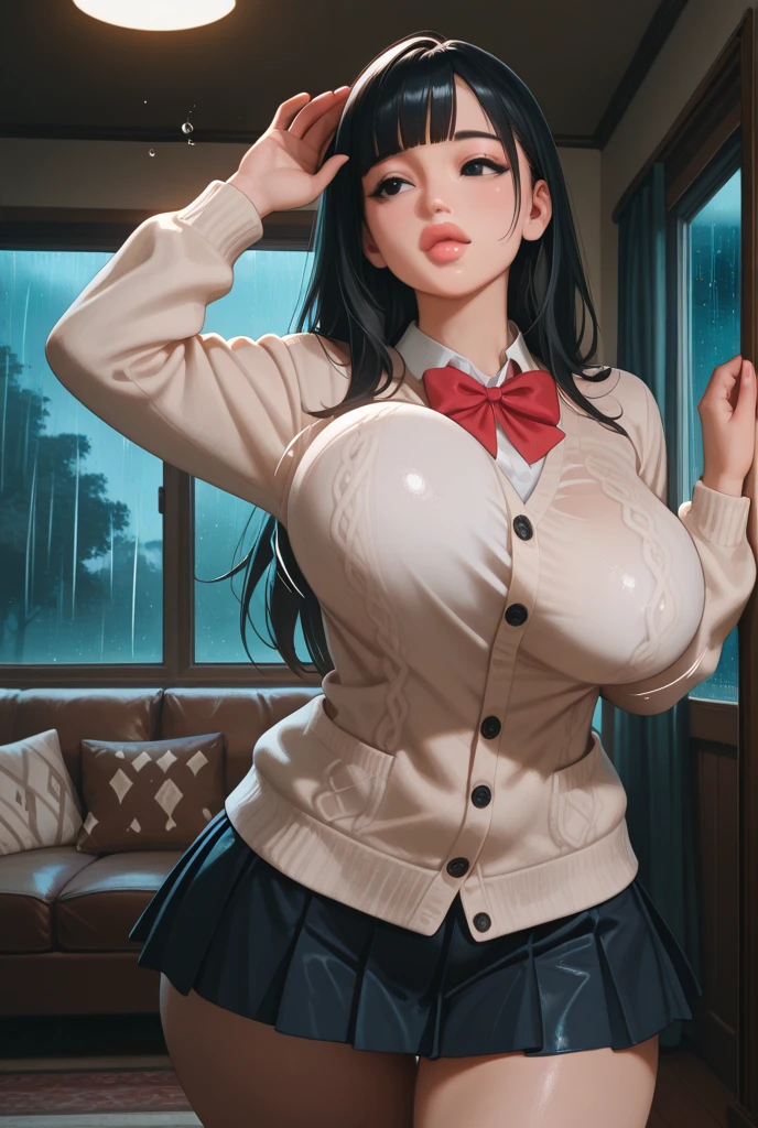 Highly detailed CG unit 8k wallpaper, masterpiece, High resolution, highest quality, highest quality real texture skin, Super Real, Digital Painting, Best image quality, 最High resolution, 8k, (((1 girl))), (Full Body Shot, Highly detailed eyes and face, Beautiful eyes in every detail), smile, grin, , serafuku, pleated skirt, sailor collar, white shirt,, black hair, ((gigantic breasts, Heavy chest, Long breasts, Disproportionate breasts, Huge breasts, Big Breasts, curvy, ))