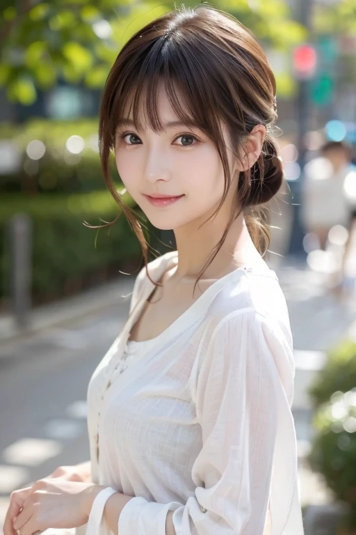 {{{masterpiece}}}, {{{best quality}}}, {{ultra-detailed}}, {{an extremely delicate and beautiful}}, (unity 8k wallpaper), (super detailed skin), (perfect ??????? ), ((depth of field)), Practical Light, solo, 1girl, Japanese, 25 years old, cute, baby face, fluffy hair, brown hair, shoulder-length hair length, beauty, brown eyes, beautiful detailed eyes, dashed eyes, her eyes slightly open, bangs, asymmetrical bangs, forehead, eyeshadow, faint lips, visible ears, crowd, big breasts, kawaii face, cute face, beauty face, thin thighs, seductive smile, little smile, pursed lips, (middle hair), asymmetrical bangs, bangs, summer, サイズのあっていない大きいワイシャツ, (腰から上:1.2)