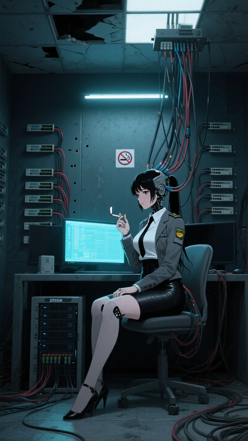 ((Solo character, best quality, masterpiece, dark lighting, eye bags, dark, office chair, factory background)), anime girl sitting on office chair at computer, strewn papers, cluttered desk, holding cup of coffee, smoking cigarette, ((black hair, spiky hair, messy hair, long hair over one eye, long bangs, medium breasts, cleavage)), eye bags, green eyes, angry expression, white button up shirt, ((white lab coat)), jeans, bloodstained clothes, dark lighting, night --auto --s2