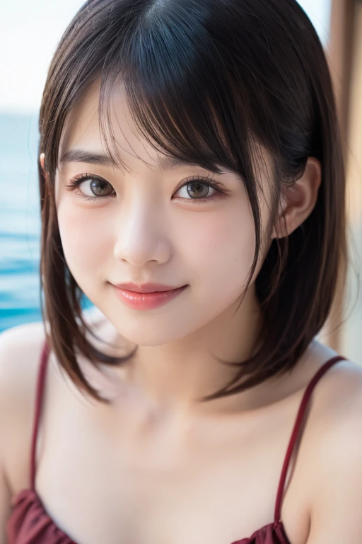 masterpiece:1.3), (8K, Realistic, RAW Photos, Best image quality: 1.4), Japanese schoolgirl、(Random Hairstyles:1.2)、Highly detailed face、Attention to detail、double eyelid、Chest to chest、Sharp focus:1.2、Beautiful woman:1.4、Light brown hair、Highest quality、masterpiece、Ultra-high resolution、(Realistic:1.4)、に詳細でプロフェッショナルに照らされたsmile、Loose、Summer clothes、thin、smile、Short-haired、Deadly position、Hair Bun、whole body、Swimwear、