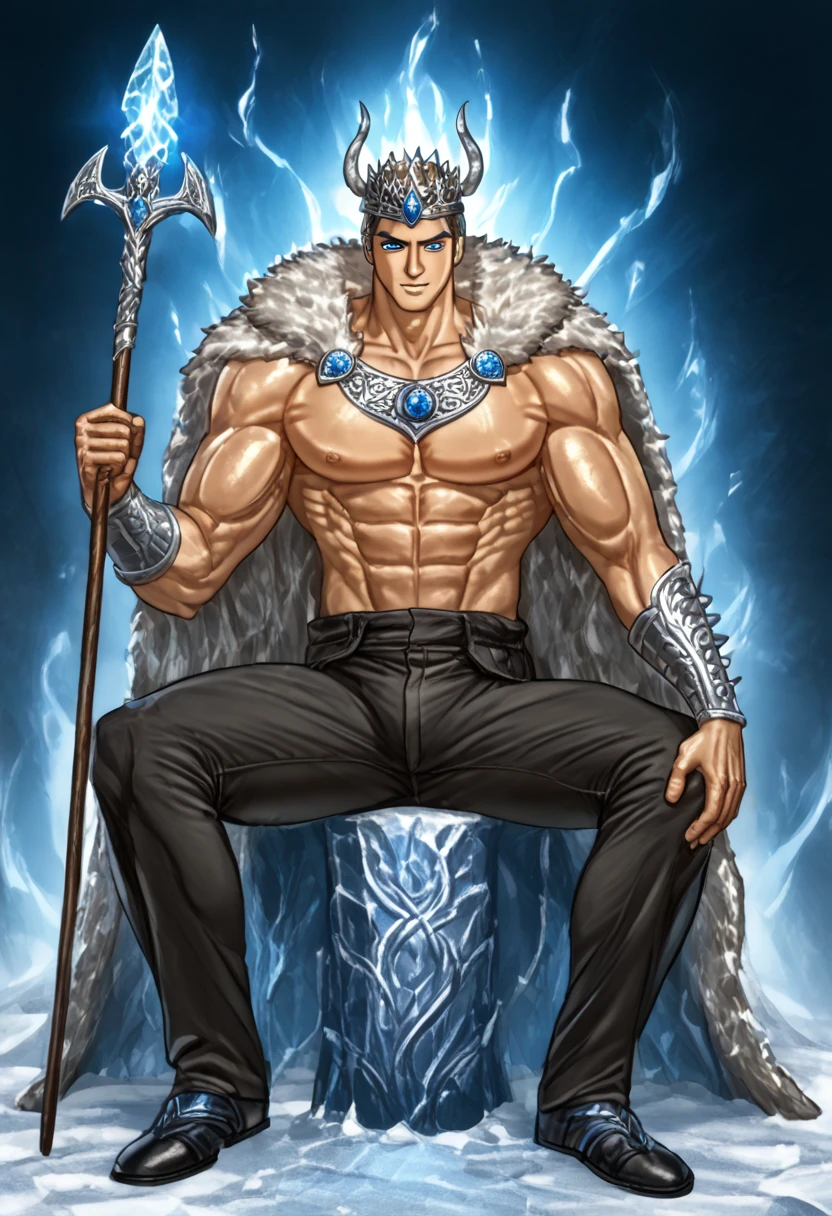 photo of a male ice mage, wearing ornate fur cloak, pants, holding staff, floating ice shards, ice crystals, blizzard, swirling ice magic, white hair, beard, full body, casting spell, realistic, best quality, detailed background, depth of field, intricate details, (large pectorals:1.4), (puffy nipples:1.4), dynamic pose, dynamic angle