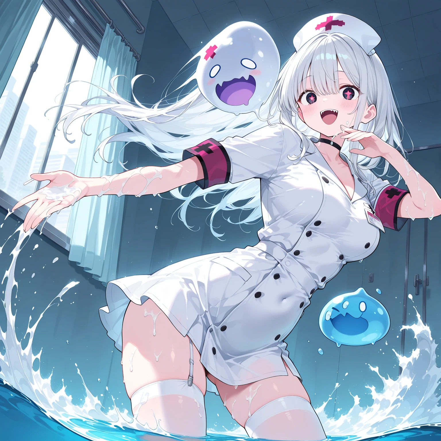 a matter of fact, daytime, sunlight, 1 girl, 8K resolution, blue hair, blue eyes, glowing eyes, white short skirt, Blush, nurse cosplay, sleeveless shirt, sunlight, Wet from the rain, seethrough, Sit with your knees raised, pussy, smile, the skirt is lifted up, highest quality, perfect lighting, perfect hands, perfect anatomy, mini yaemori, perfect figure, in love expression, armpit, semen drip from pussy,