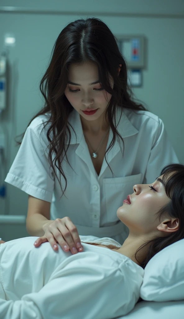  
Beautiful athletic 30 year old asian woman with muscular body wearing sports bra and panties lying on operating table crying in pain. Nurse comforting her