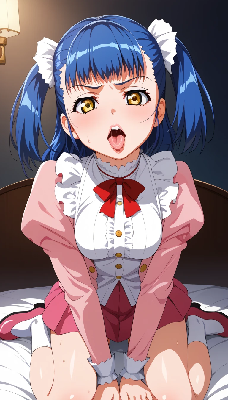 hiquality、16 K、(Lori),((small tits)),on the beds、Arms behind your head、Armpits、((puffies_Nipples))、spreading legs、(Bikini with blue stripes)、on the bed、darkened room、blushed、(:o)、Sweat、I'm surprised、red hairs、blue eyess